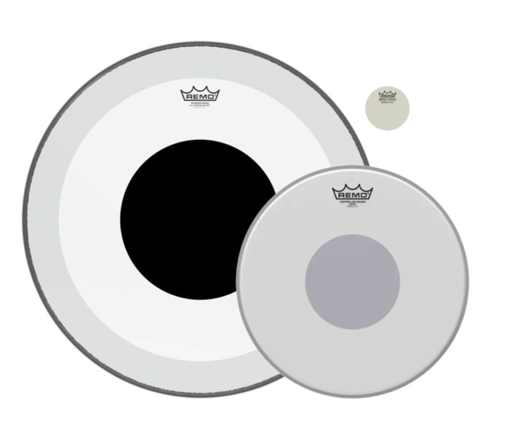 Remo Gig Pack Pro Pack (22" Powerstroke P3 Clear Black Dot + 14" Controlled Sound Coated + Single Impact Patch )-zoom-1