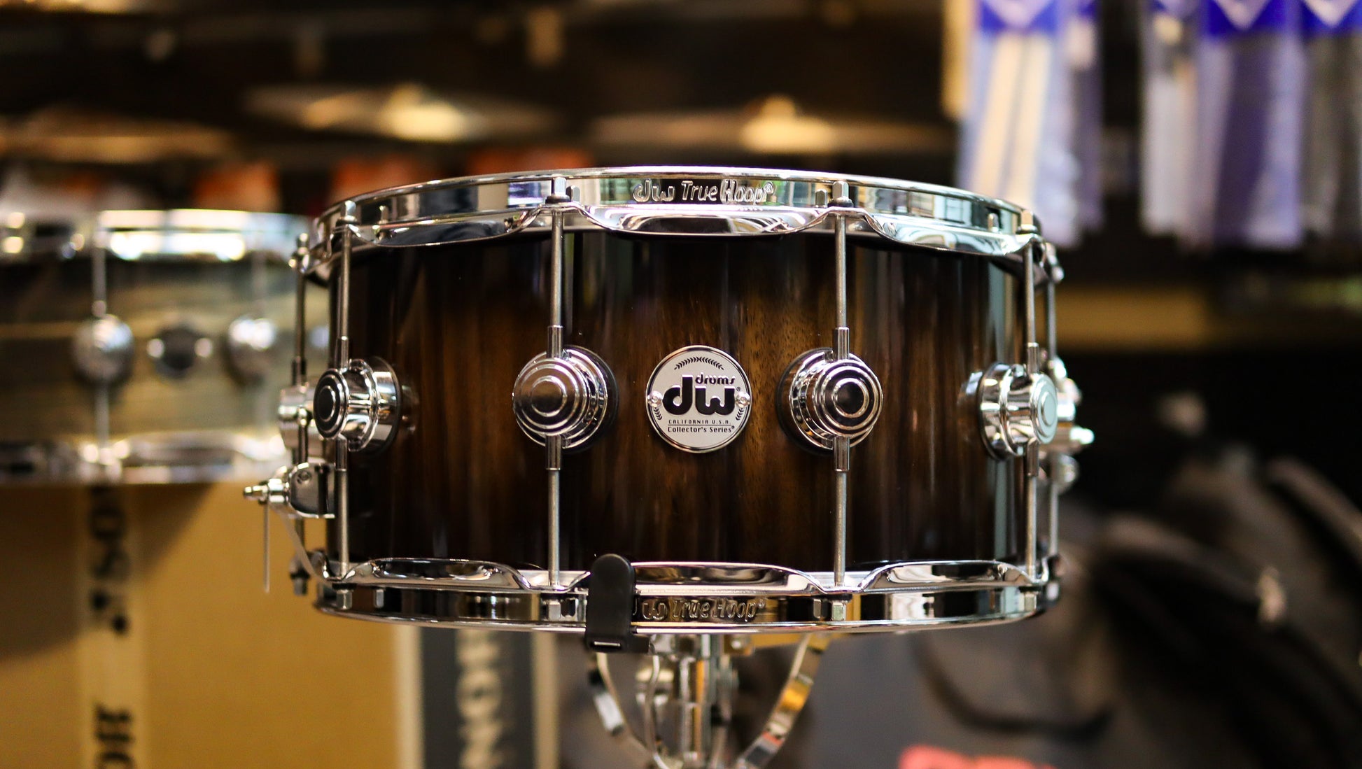 DW Collector's Series Exotic Candy Black Burst over Monkey Pod 14x6.5 Cherry Purplecore Snare Drum-1