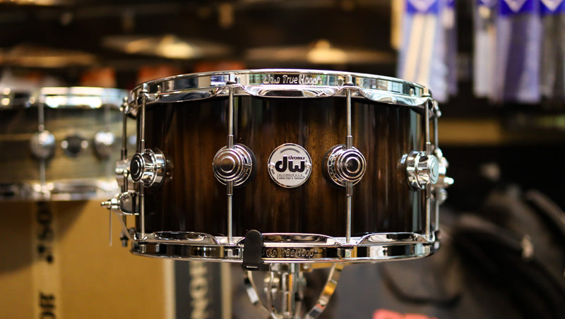 DW Collector's Series Exotic Candy Black Burst over Monkey Pod 14x6.5 Cherry Purplecore Snare Drum-zoom-